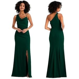 After Six Crepe One Shoulder Cowl Neck Maxi Gown in Evergreen Sz 2 6849